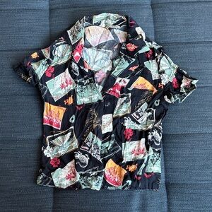 RARE Colorful Postcard Button up Top